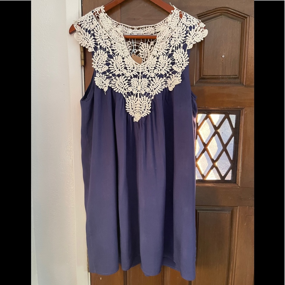 - Crocheted lace navy blue sleeveless shift dress